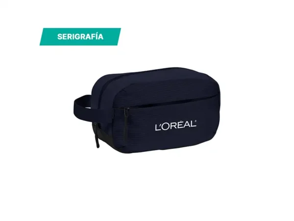 Bolsa tipo neceser Huambo de material Ripstop resistente en colores azul marino beige gris y lila para regalos corporativos de viaje. Muestra de impresión