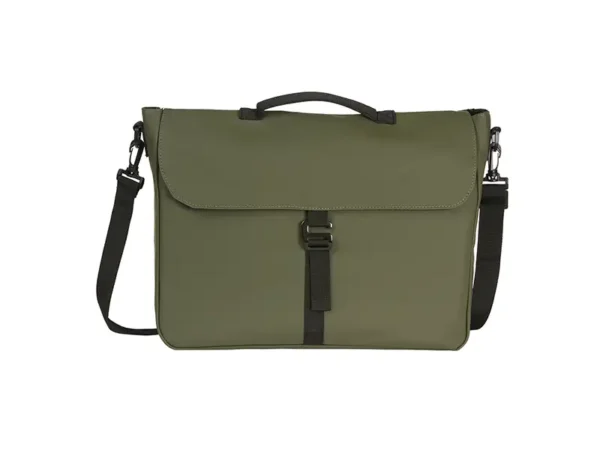 Porta Laptop Allaire de curpiel con compartimento para laptop hasta 18”, correa ajustable con cojín y broche metálico, en colores verde militar