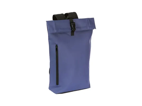 Mochila Ehrwald de curpiel con bolsillo frontal con cierre, panel acolchonado y cintas ajustables, en color azul de perfil