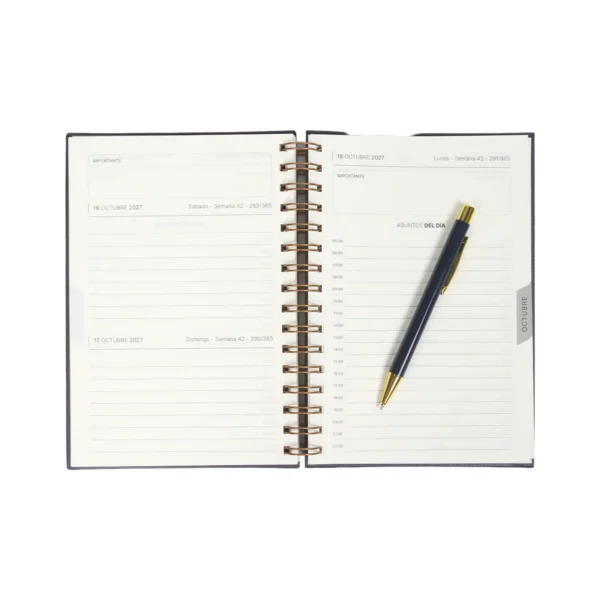 Agenda Diaria Bernetti 2027 con espiral dorada, cubierta curpiel, bolígrafo y caja de cartón individual
