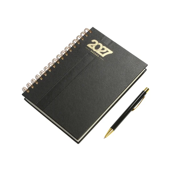 Agenda Diaria Bernetti 2027 con espiral dorada, cubierta curpiel, bolígrafo y caja de cartón individual