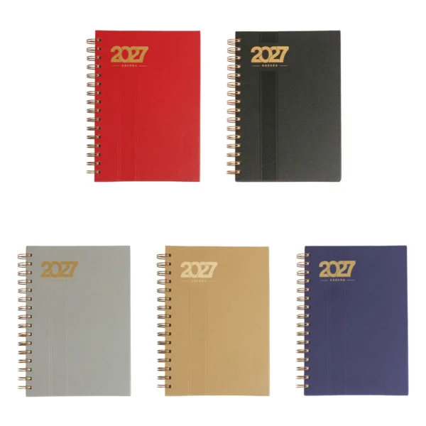 Agenda Diaria Bernetti 2027 con espiral dorada, cubierta curpiel, bolígrafo y caja de cartón individual