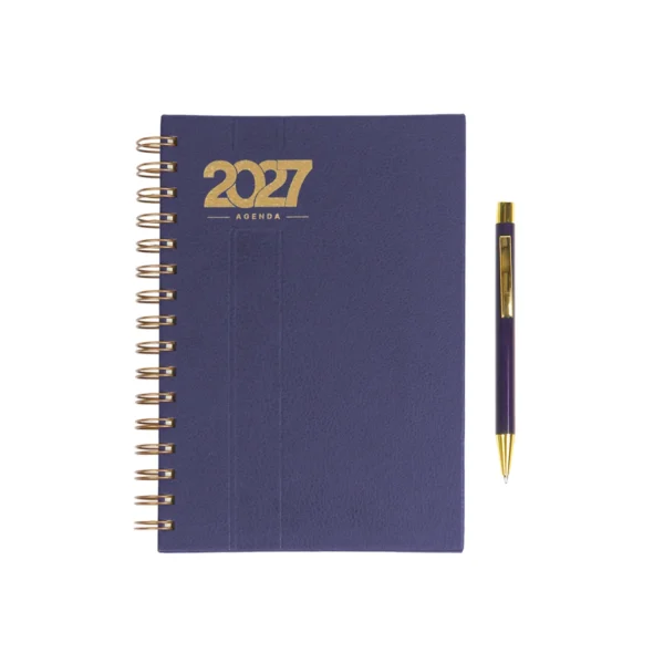 Agenda Diaria Bernetti 2027 con espiral dorada, cubierta curpiel, bolígrafo y caja de cartón individual