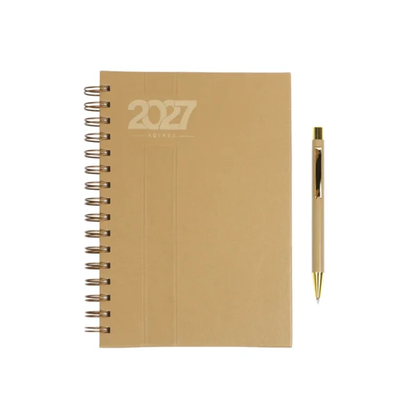 Agenda Diaria Bernetti 2027 con espiral dorada, cubierta curpiel, bolígrafo y caja de cartón individual