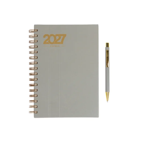 Agenda Diaria Bernetti 2027 con espiral dorada, cubierta curpiel, bolígrafo y caja de cartón individual