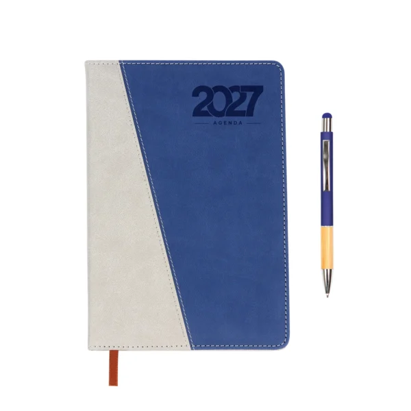 Agenda Diaria Cameri en curpiel bi-tono con bolígrafo de bambú y caja de regalo individual, vista frontal