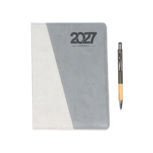 Agenda Diaria Cameri en curpiel bi-tono con bolígrafo de bambú y caja de regalo individual, vista frontal