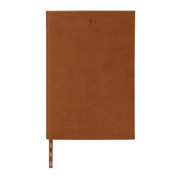 Agenda Diaria Clásica 2027 en curpiel con cubierta lisa y caja individual, formato 14 x 21 cm para empresas