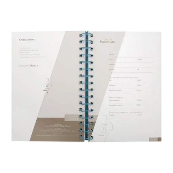 AGENDA DIARIA LETTE 2027 de curpiel con espiral metálico, bolígrafo metálico y caja tipo regalo incluidos, formato 14.5 x 21 cm