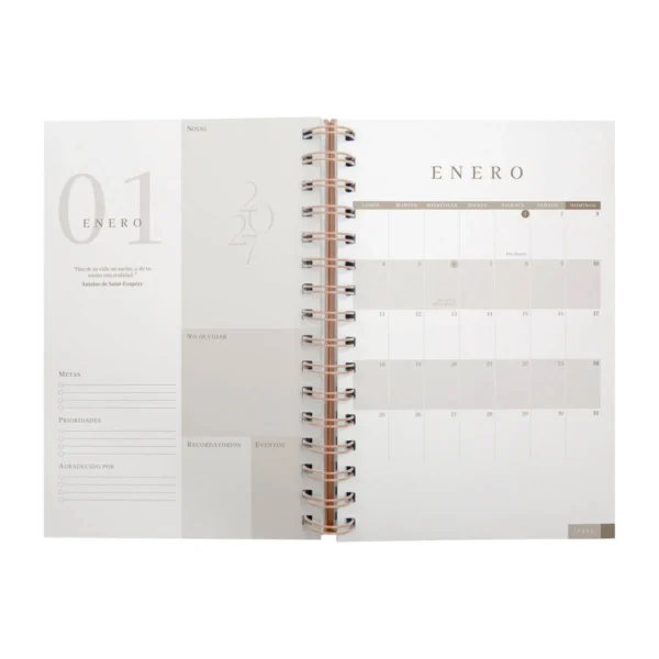 AGENDA DIARIA LETTE 2027 de curpiel con espiral metálico, bolígrafo metálico y caja tipo regalo incluidos, formato 14.5 x 21 cm