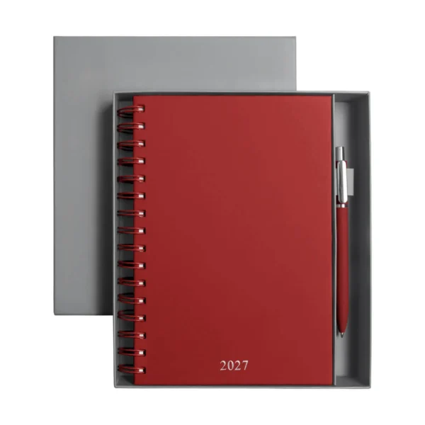 AGENDA DIARIA LETTE 2027 de curpiel con espiral metálico, bolígrafo metálico y caja tipo regalo incluidos, formato 14.5 x 21 cm