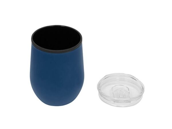 Mug Uma de acero inoxidable y plástico con pintura Powder Coat y tapa transparente, taza térmica personalizada con grabado láser plata para regalos empresariales.