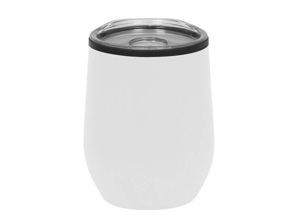 Mug Uma de acero inoxidable y plástico con pintura Powder Coat y tapa transparente, taza térmica personalizada con grabado láser plata para regalos empresariales.