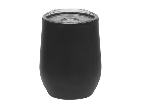 Mug Uma de acero inoxidable y plástico con pintura Powder Coat y tapa transparente, taza térmica personalizada con grabado láser plata para regalos empresariales.