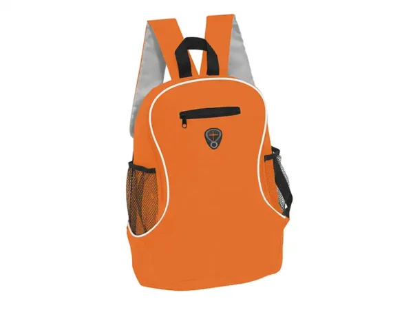 Mochila Track de Polyester 600D con capacidad de 16 litros, compartimento frontal y salida para audífonos.