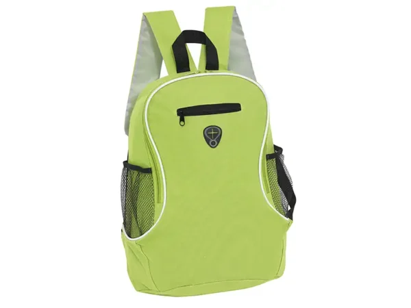 Mochila Track de Polyester 600D con capacidad de 16 litros, compartimento frontal y salida para audífonos.