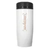 Mug Bronx 350 ml de acero inoxidable, vista frontal, personalizado con logotipo para empresa. Color blanco Muestra de grabado láser