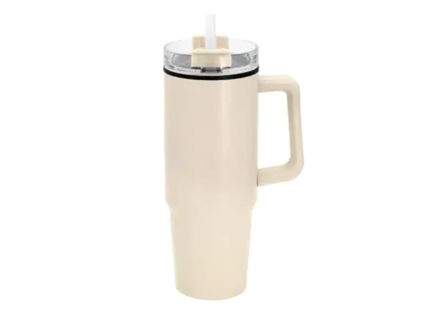 Mug Mega de 880ml con popote y acabado mate en colores beige para transporte y turismo