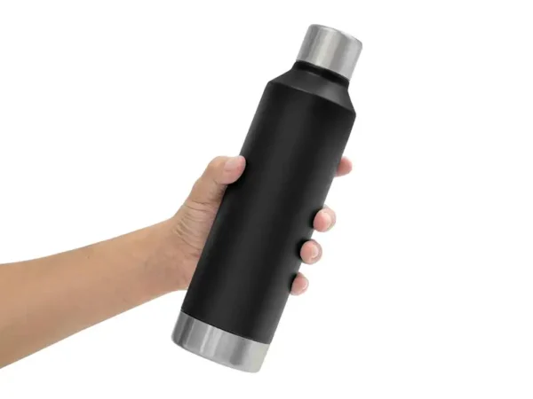 Botella Termica Chamonix de acero inoxidable con pintura powder coat y caja de regalo Kraft. Tamaño vs mano