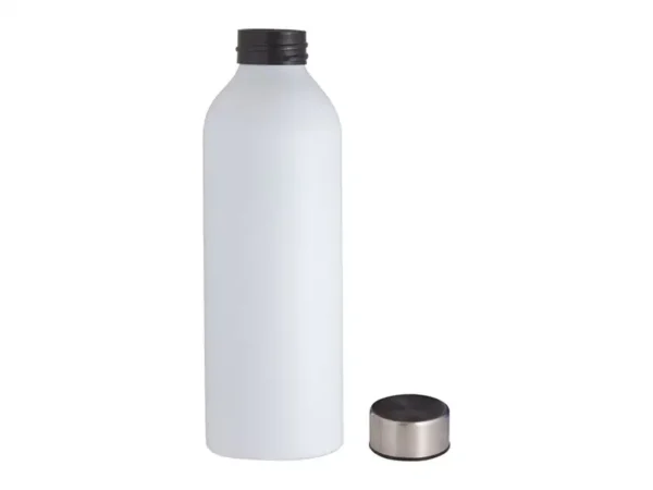 Botella de aluminio Tulum acabado mate colores negro blanco con tapa de acero inoxidable para merchandising automotriz de Dot Factory. Sin tapa