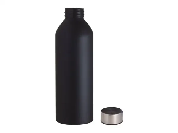 Botella de aluminio Tulum acabado mate colores negro con tapa de acero inoxidable para merchandising automotriz de Dot Factory. Sin tapa