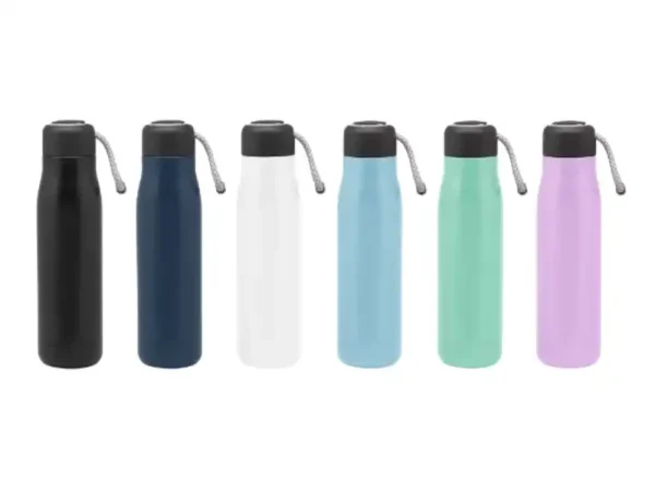 Botella térmica Montana, de acero inoxidable doble pared con correa gris para viajes y auto. Colores disponibles