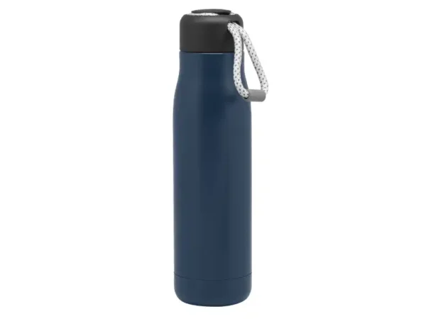 Botella térmica Montana, de acero inoxidable doble pared con correa gris para viajes y auto. Azul correa visible