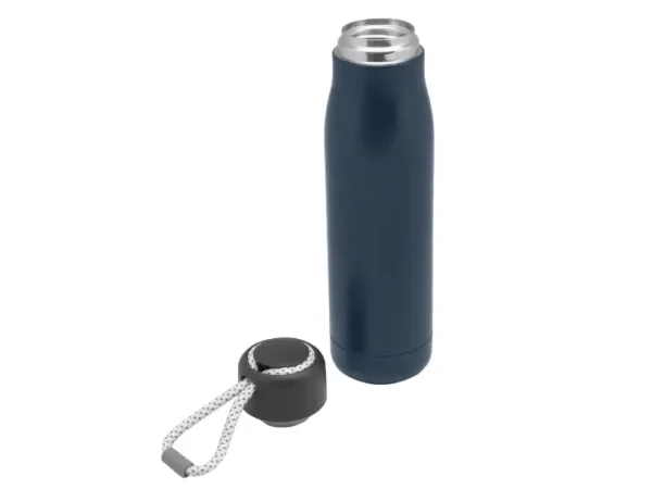 Botella térmica Montana, de acero inoxidable doble pared con correa gris para viajes y auto. Tapa a un lado