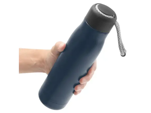 Botella térmica Montana, de acero inoxidable doble pared con correa gris para viajes y auto. Uso