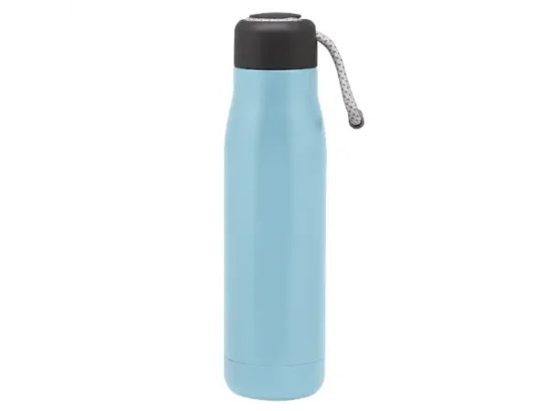 Botella térmica Montana, de acero inoxidable doble pared con correa gris para viajes y auto. Azul celeste