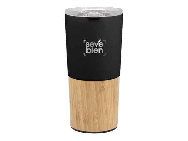 Mug Termico Nordico de acero inoxidable con detalles de bambú 600ml, termo doble pared al vacío con sistema antiderrame para fuerza de ventas, vaso térmico premium en caja Kraft.