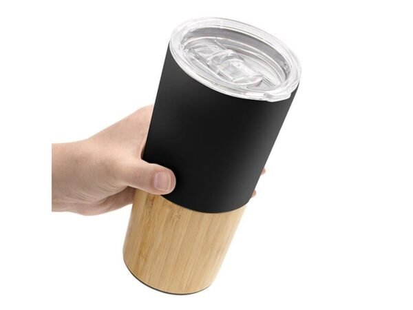 Mug Termico Nordico de acero inoxidable con detalles de bambú 600ml, termo doble pared al vacío con sistema antiderrame para fuerza de ventas, vaso térmico premium en caja Kraft.