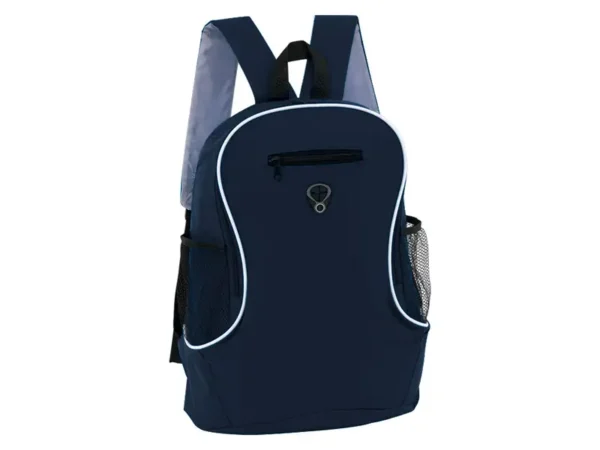 Mochila Track de Polyester 600D con capacidad de 16 litros, compartimento frontal y salida para audífonos.