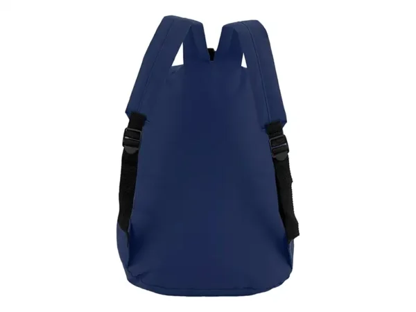 Mochila Cool mediana de poliéster 600D con bolsillo frontal con cierre en color azul. Foto trasera.