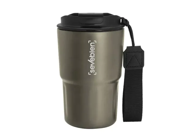 Mug térmico Capof de 400ml acero mate con correa negra. Color Café