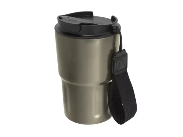 Mug térmico Capof de 400ml acero mate con correa negra. Vista trasera arriba