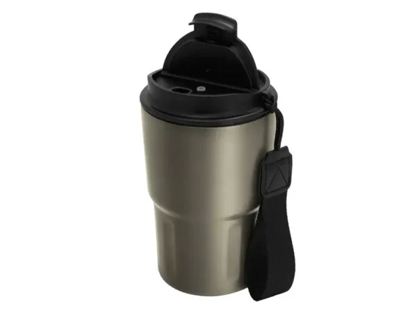 Mug térmico Capof de 400ml acero mate con correa negra. Vista con tapa destapada