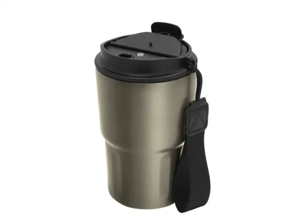 Mug térmico Capof de 400ml acero mate con correa negra.Vista trasera