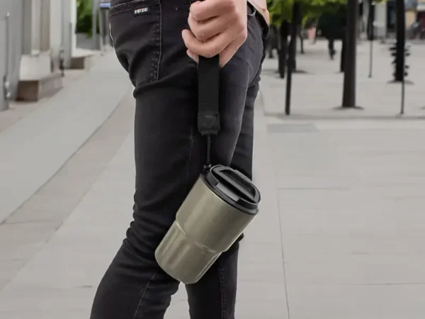 Mug térmico Capof de 400ml acero mate con correa negra. Muestra de uso