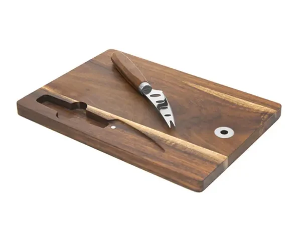 Tabla Para Quesos Emmental en madera de acacia con cuchillo para quesos imantado y caja de regalo kraft Foto parte trasera