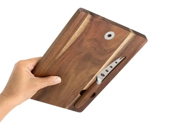 Tabla Para Quesos Emmental en madera de acacia con cuchillo para quesos imantado y caja de regalo kraft Muestra de tabla boca abajo