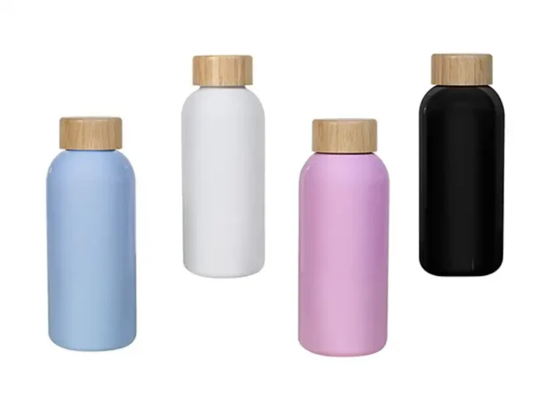 Cilindro de plástico LEMN de 600 ml con tapa de bambú natural disponible en colores pastel.