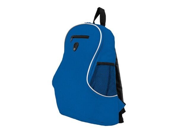 Mochila Track de Polyester 600D con capacidad de 16 litros, compartimento frontal y salida para audífonos.