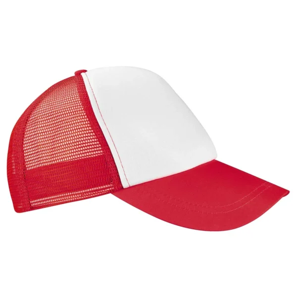 Gorra Trucker de 5 gajos en poliéster con panel trasero de malla y broche ajustable, con área de marcaje frontal de 10 x 4 cm