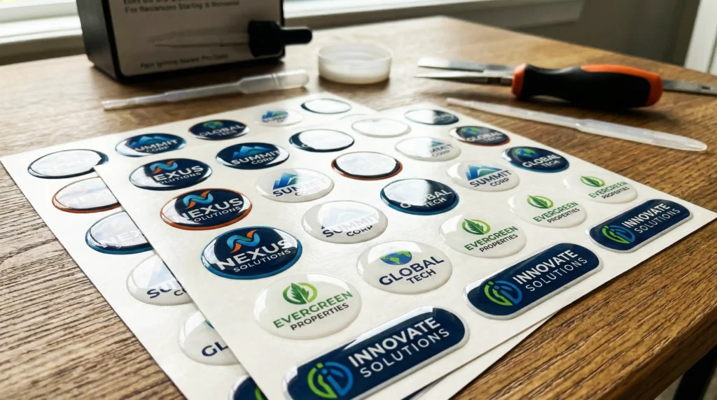 Etiquetas en gota de resina con efecto 3D brillante y doming, calcomanías personalizadas de poliuretano para interiores, distintivos resinados con impresión a todo color.