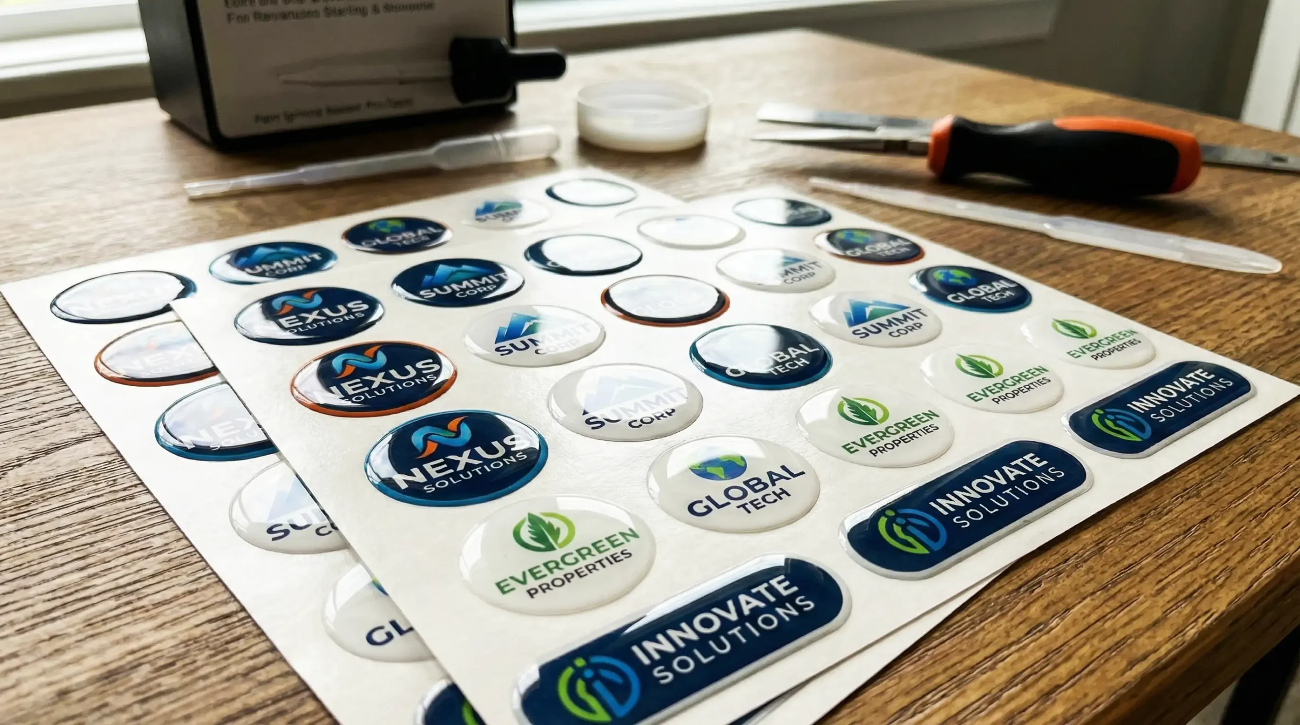 Etiquetas con acabado en gota de resina, domming o resina epóxica a todo color