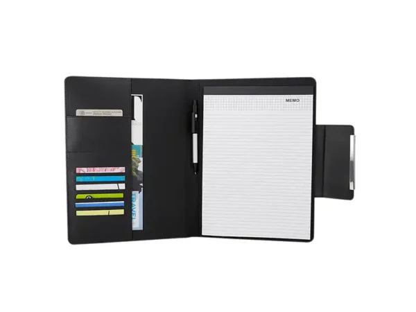 Carpeta Ontario de curpiel negro con cierre magnético, elástico para bolígrafo y block A4. Carpeta abierta