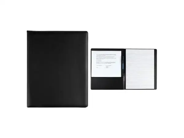 Carpeta Yamdena de curpiel negro con block A4 y compartimentos internos para organización en empresas tecnológicas. Foto con carpeta cerrada y junto abierta.