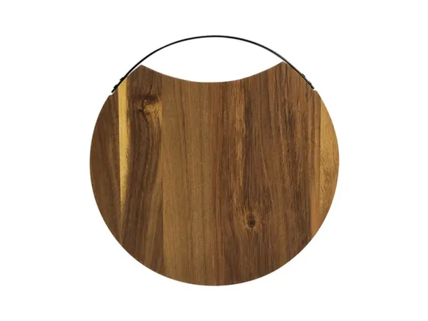 Tabla para cortar Riseta redonda de madera de acacia con asa metálica negra.