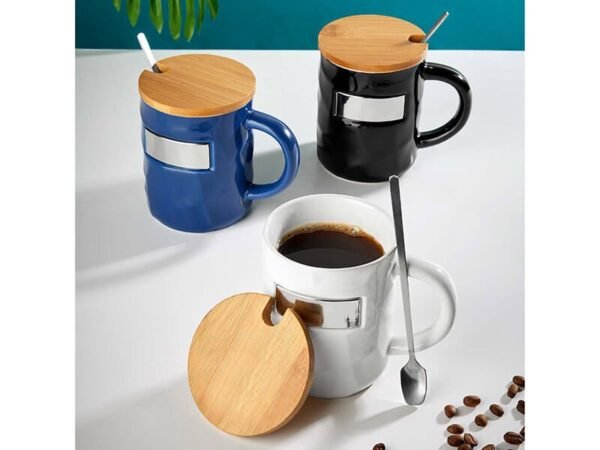 Taza Bambusa de cerámica glossy con tapa de bambú y cuchara, taza personalizada con placa metálica para empresas, regalo de reconocimiento corporativo 12 Oz.